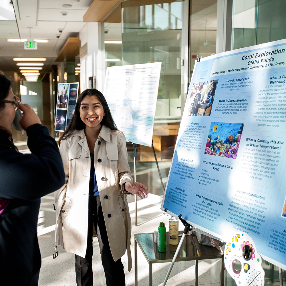 student presents posterboard project to another student